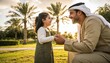 © Ryzhkov - Middle Eastern father and young daughter sharing a joyful moment in a sunlit park, laughing while holding hands with soft golden hour light and copy space for text