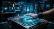 © warnadi - Hand Interacting with a Glowing Holographic Security Interface, Highlighting Advanced Digital Data Protection and Cyber Defense Technology