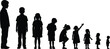 © rehna - Black silhouettes of children and toddlers of various ages and heights standing in a row from tallest to shortest isolated on white background.