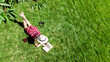 © Iuliia Sokolovska - Young woman reading book in park in summer, girl relaxing outdoors on grass with book and headphones, analog lifestyle and digital detox trend, aerial drone view from above