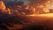 © saim - A breathtaking landscape of mountains and valleys under a vibrant orange cloudy sky during sunset or sunrise with warm lighting