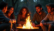 © AlenaSi - Friends gathered around campfire sharing stories and enjoying evening warmth. Campfire setting includes glowing flames and smiling faces under starry sky. Concept campfire gathering for social events,