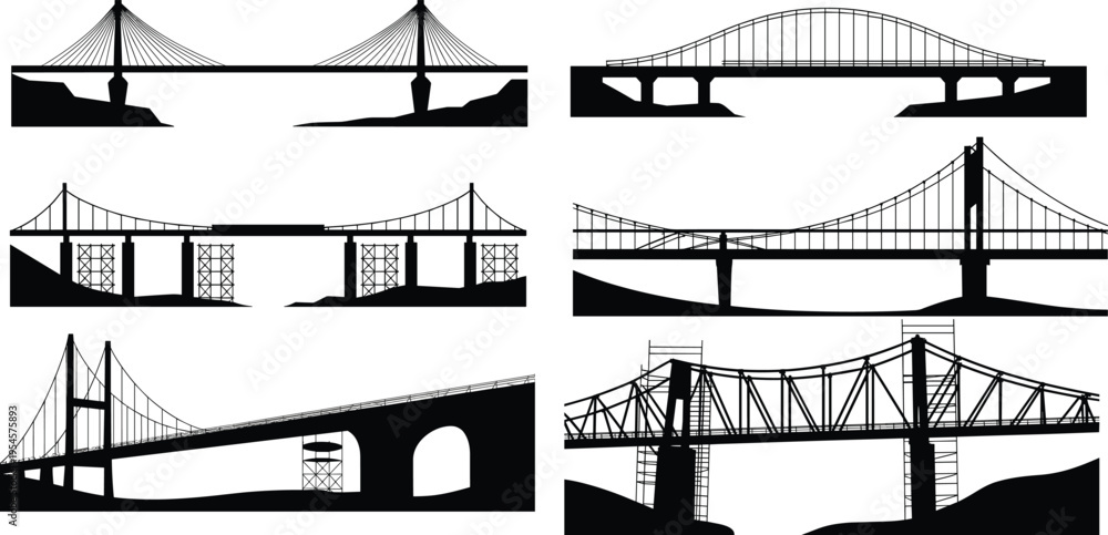 Various bridge types, suspension, arch, truss, construction silhouettes ...