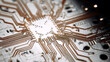 © A2Z AI  - Macro view of a complex circuit board with intricate copper traces, highlighting advanced electronics and microchip technology, clean and futuristic design