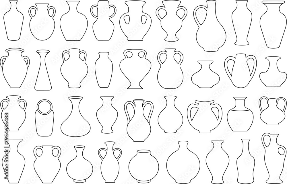 Black and white line collection of various vases and jugs in different ...