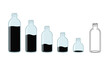 © Mitchell - Row of six glass bottles showing decreasing levels of dark liquid inside ranging from full to empty for measurement concepts.