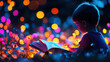 © nuttachet chinavong - Child reading book in magical, colorful environment filled with vibrant lights and flowers, creating whimsical atmosphere