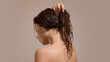 © master1305 - Woman holding wet curly hair in ponytail after washing. Concept of hair handling, moisture control, daily care routine and preparing hair for drying or styling process.