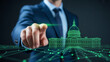 © Samir - Professional businessman in a dark suit points at a glowing green wireframe model of a government building on a futuristic digital network background