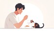 © Ikhsan - A person with dark hair, smiles, feeding an attentive calico cat some treats