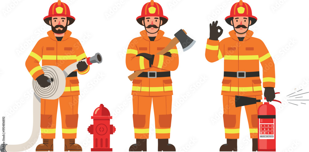 Firefighter Characters With Fire Hose Axe and Extinguisher Fire Safety ...