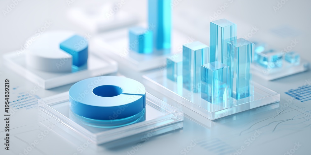 3D isometric data visualization with blue translucent glass bar charts ...