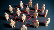 © Samir - Wooden human figures connected by red threads form a complex network on a dark surface with dramatic lighting symbolizing teamwork collaboration and c