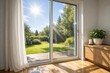 © Rafal Rut - Sunlit patio door with garden view and wooden interior, bright home setting