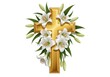 © sarjana - A golden christian cross decorated with elegant white easter lily flowers on a white background