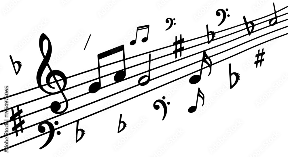 Line Of Music Notes Music notes and symbols on five-line staff with treble clef, sharp and ...