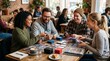 © DesignVectX - Friends playing trading card game at cafe table with coffee and snacks