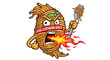 © ALFAHRU - A cartoon spaghetti character with an angry face, breathing fire, and holding a fork with noodles, labeled 'LEVEL 5 EXTREME SPICY'.