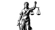 © Ahmat - Classical Lady Justice figure with blindfold, holding scales of balance and a sword, symbolizing law and moral authority, isolated white background.