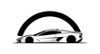 © Ahmat - Outline illustration of a powerful sports car side profile with a flowing black semi-circle arc, representing speed and performance, isolated white background.