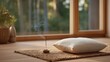 © Tania - Meditation cushion placed on bare wooden floor, single incense stick burning, completely empty room except for natural fiber rug, window showing treetops, ideal for meditation space, minimalist