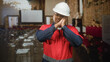 © Krakenimages.com - Man construction worker in hard hat presses hands to cheek for sleep gesture in building; tired rest.