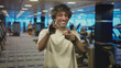 © Krakenimages.com - Man smiling and pointing finger in gym building among treadmills during casual workout; friendly encouragement motivation confidence.