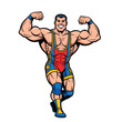 © Fais - A muscular male wrestler in a colorful singlet, flexing his arms in a powerful pose, depicted in a vibrant cartoon style with bold lines and bright colors, set against a plain white