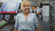 © Krakenimages.com - Woman smiling and looking left beside a commuter train on a busy station platform, standing with hands relaxed in light blue blouse; travel contentment.