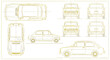 © Pixelperformer - Vintage Compact Car AutoCAD Blueprint Vector – Classic Automotive Technical Multiview Yellow Outline Drawing