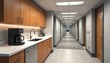 © miss irine - Modern office hallway with adjoining kitchen area. Includes coffee maker sink and cabinets. The long corridor has multiple doors and lighting. Clean functional workspace.