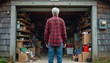© miss irine - Elderly man stands outside cluttered garage full of boxes and shelves. He wears a red plaid shirt and blue jeans. Sun casts shadows on the messy interior space.