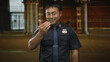 © Krakenimages.com - Young chinese policeman smiles and holds out hand with visible badge in front of building on street; welcome.