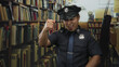 © Krakenimages.com - Policeman in uniform raises his fist toward camera in a building aisle lined with tall bookshelves; anger determination focus.