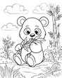 © Airakit Studio - A cute baby panda eating bamboo in the jungle coloring page.