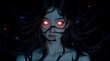 © Thara - A hauntingly beautiful woman with glowing red eyes is partially obscured by intricate, dark, vein-like tendrils that wrap around her face and hair, set against a deep, shadowy background. Her serene e