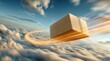 © Vera D - Fast Delivery Concept: Cardboard Box Flying Through Clouds with Light Trails at High Speed