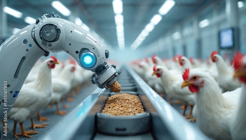 Robot arm feeds chickens on modern poultry farm. Automated system for ...