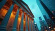 © Pete - Classical bank building with large columns stands next to modern glass skyscrapers under a bright teal sky. Lights twinkle like stars, suggesting finance and technology merging.