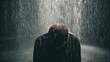 © arthit - Contemplative Individual Under a Waterfall in a Dramatic Shower Scene Capturing Emotions and Introspection in a Dim Environment