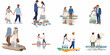 © Maya - Set of flat vector illustrations featuring a romantic couple in bohemian summer outfits walking along the beach, through waves, and in nature.