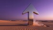 © BOJOShop - Shiny metallic arrow pointing upward rising from desert sand dunes at sunset signifying growth and success in business strategy and financial development 3D render