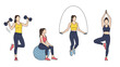 © Safia - Group of active women engaged in different workout routines including weightlifting, exercising on a gym ball, jumping rope, and yoga.