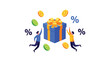 © Safia - Group of happy people jumping for joy around a large blue gift box with yellow ribbons and falling coins to celebrate a special offer.