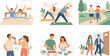 © Yousuf - Healthy Couple Lifestyle Illustration Set with Morning Routine, Exercise, Running, Hydration, Cooking, and Outdoor Walks for Wellness and Fitness Designs