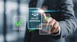 © Dipto - A person interacts with a digital interface displaying legal documents and a policy approved message high quality professional detailed modern elegant stylish clean crisp vibrant colorful