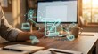 © Tharindu - Glowing holographic pen and paper document icon floating above a freelance writer workspace