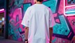 © Natalia - Man wearing white blank oversized t-shirt standing against graffiti wall. Mockup for apparel design. Youth street style fashion with vibrant neon pink lighting background for clothing.