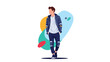 © Ayub - Fashionable young man in a blue hooded sweatshirt and matching jogger pants stands confidently against a colorful abstract background.
