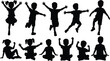 © Horgobinda - Black silhouettes of playful children in dynamic poses, running, jumping, sitting, and raising arms, symbolizing joy, energy, childhood fun, and minimal design art